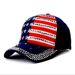 Ball Cap NEW Hat Cotton Rhinestones Flag Bling Patriotic Navy Red Cute NEW